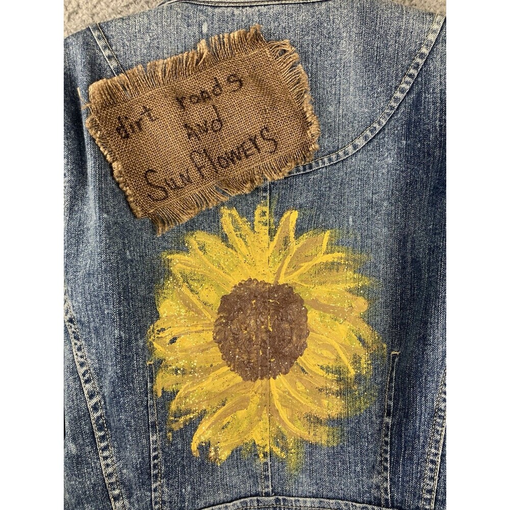 Kikit Hand Painted Sunflower Stretch Denim Jacket XL Art to Wear Country Artsy